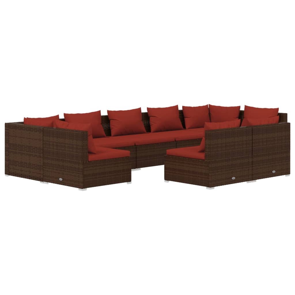 9 Piece Garden Lounge Set with Cushions Brown Poly Rattan