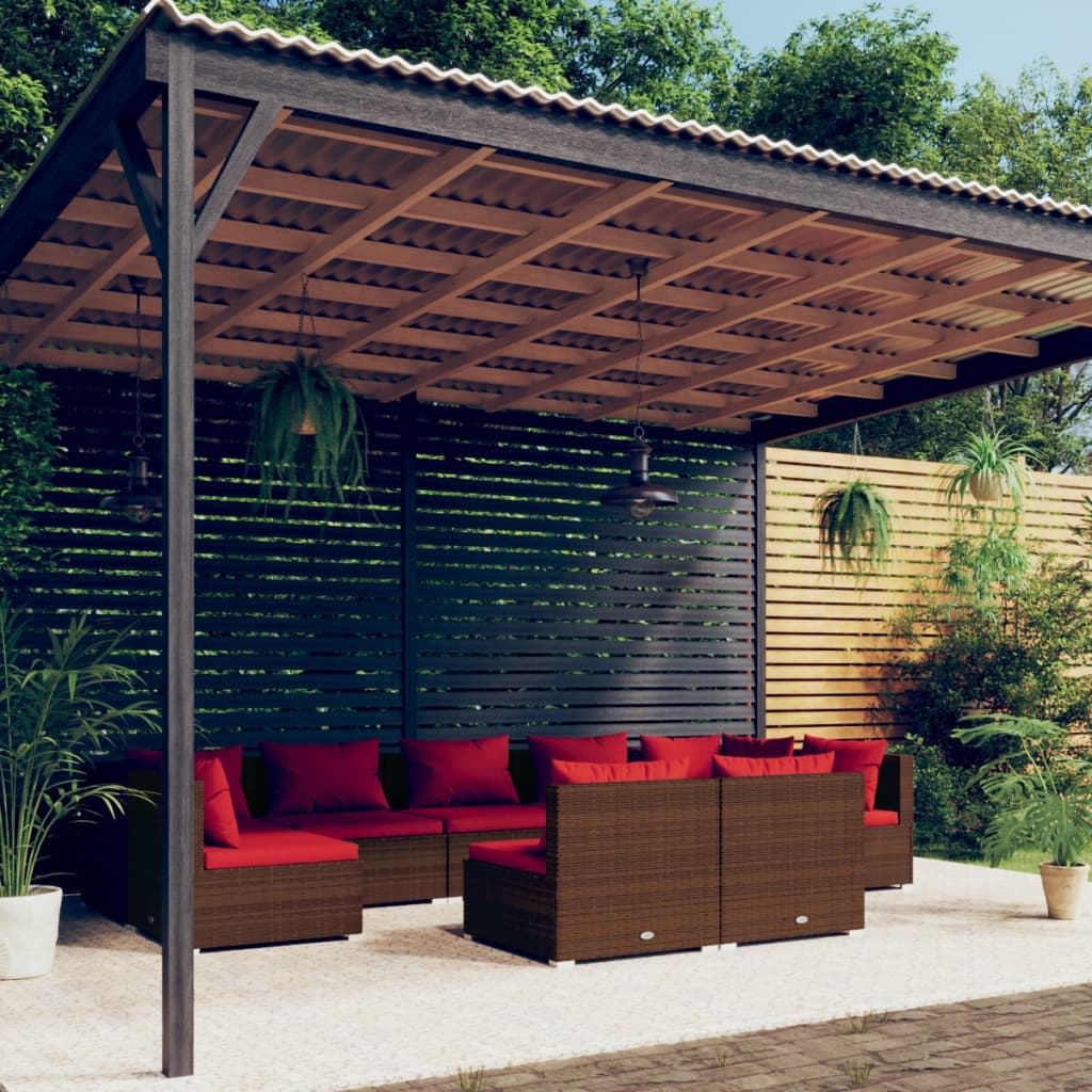 9 Piece Garden Lounge Set with Cushions Brown Poly Rattan