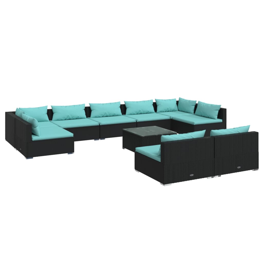 10 Piece Garden Lounge Set with Cushions Black Poly Rattan
