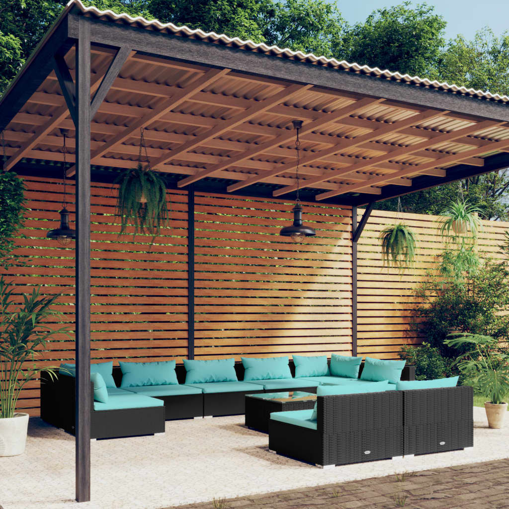 10 Piece Garden Lounge Set with Cushions Black Poly Rattan