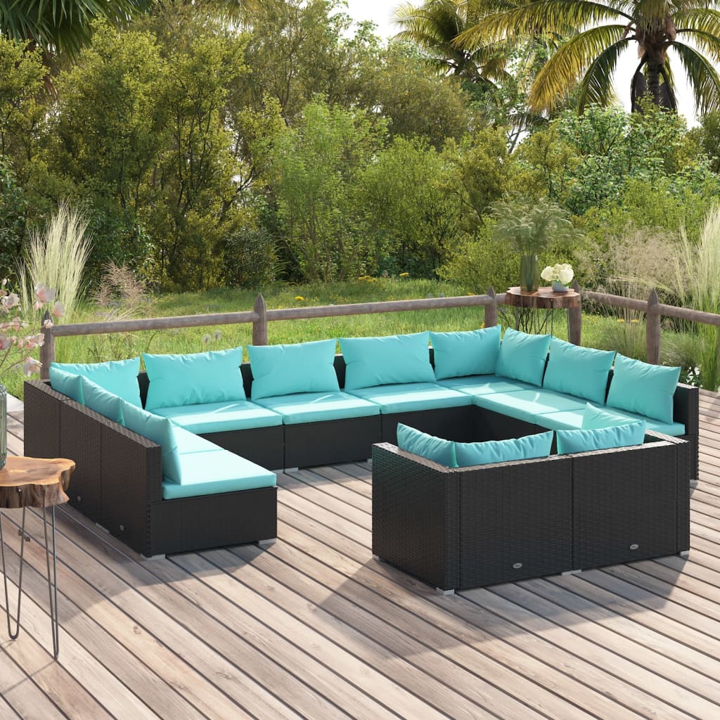 11 Piece Garden Lounge Set with Cushions Black Poly Rattan