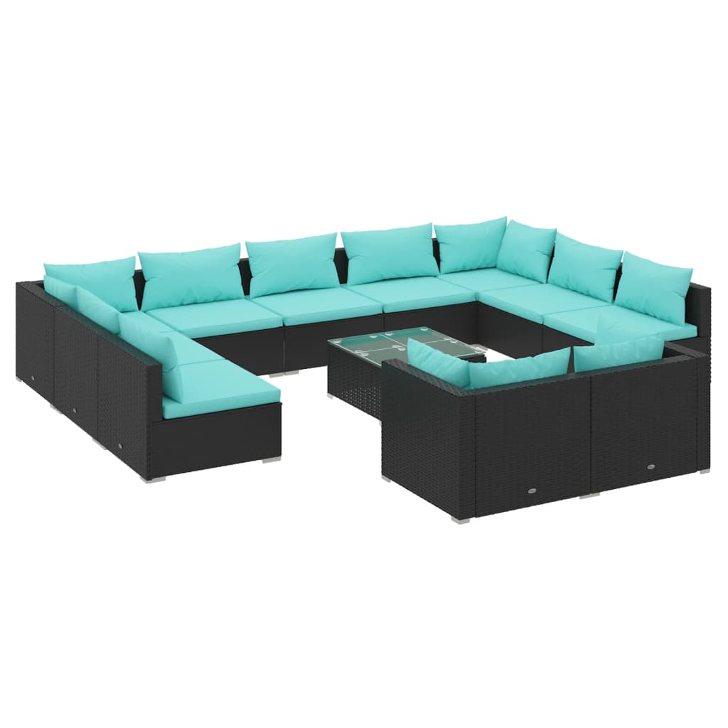 12 Piece Garden Lounge Set with Cushions Black Poly Rattan