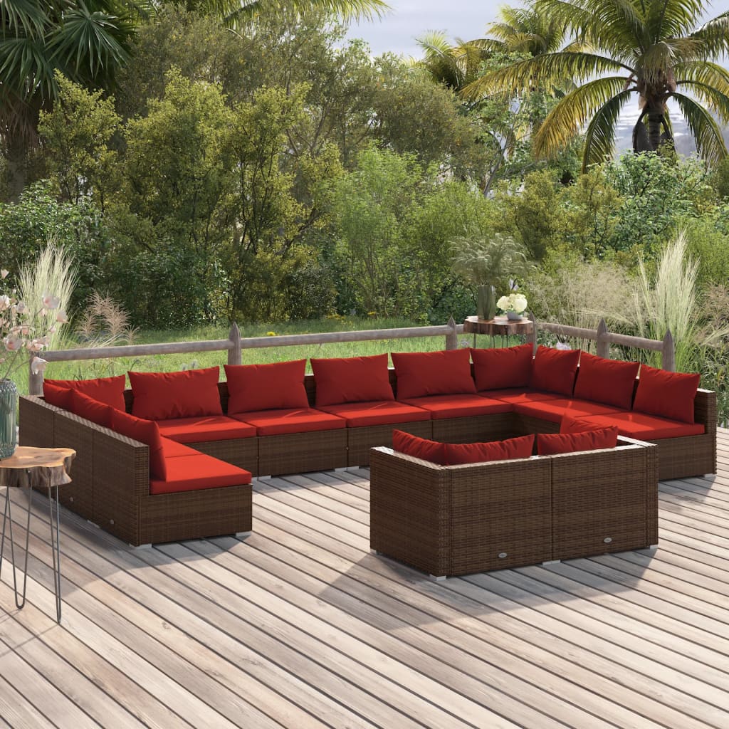 12 Piece Garden Lounge Set with Cushions Brown Poly Rattan
