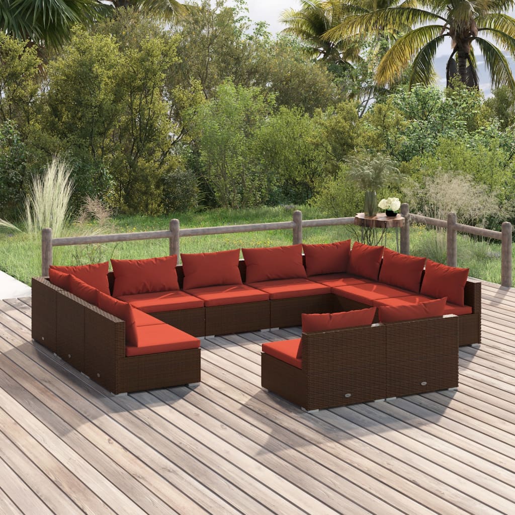 11 Piece Garden Lounge Set with Cushions Brown Poly Rattan