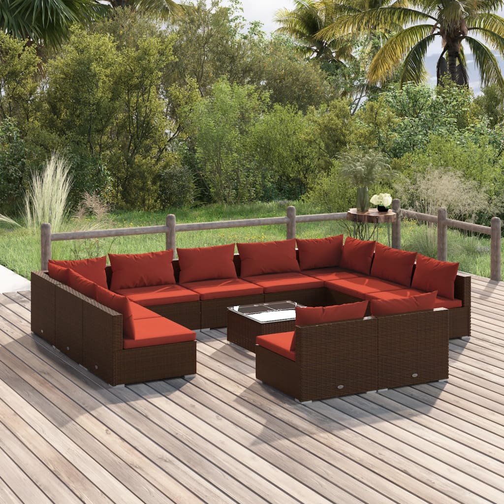 12 Piece Garden Lounge Set with Cushions Brown Poly Rattan