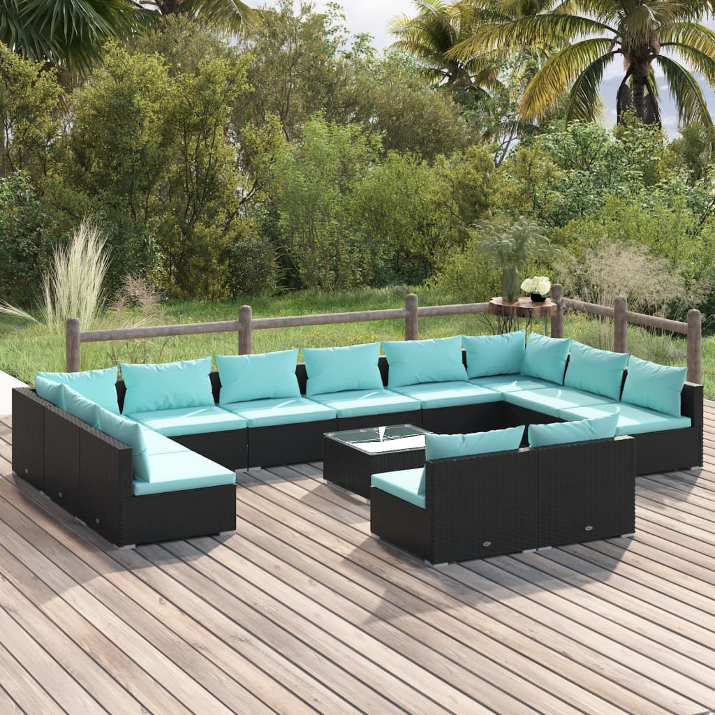 13 Piece Garden Lounge Set with Cushions Black Poly Rattan