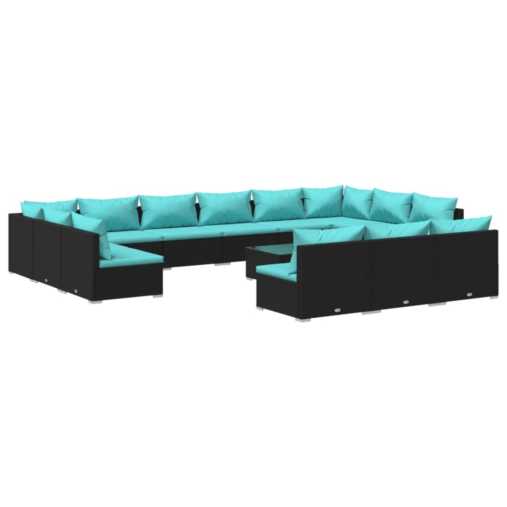 14 Piece Garden Lounge Set with Cushions Black Poly Rattan