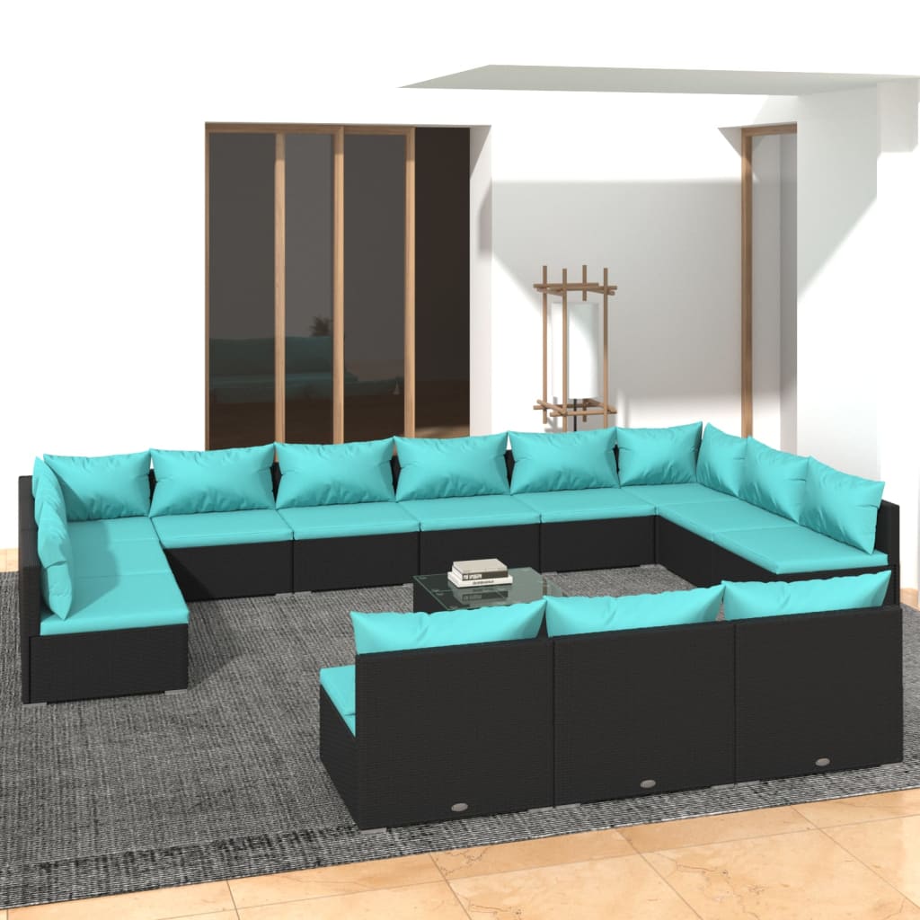 14 Piece Garden Lounge Set with Cushions Black Poly Rattan