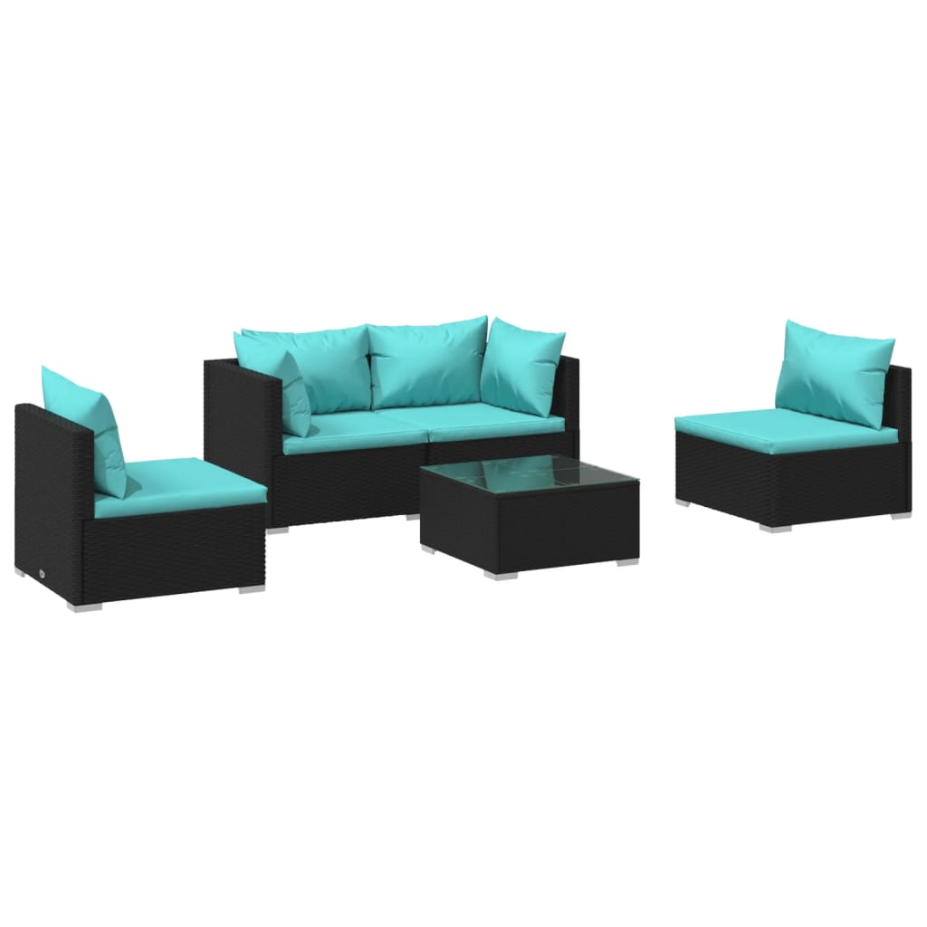 5 Piece Garden Lounge Set with Cushions Poly Rattan Black