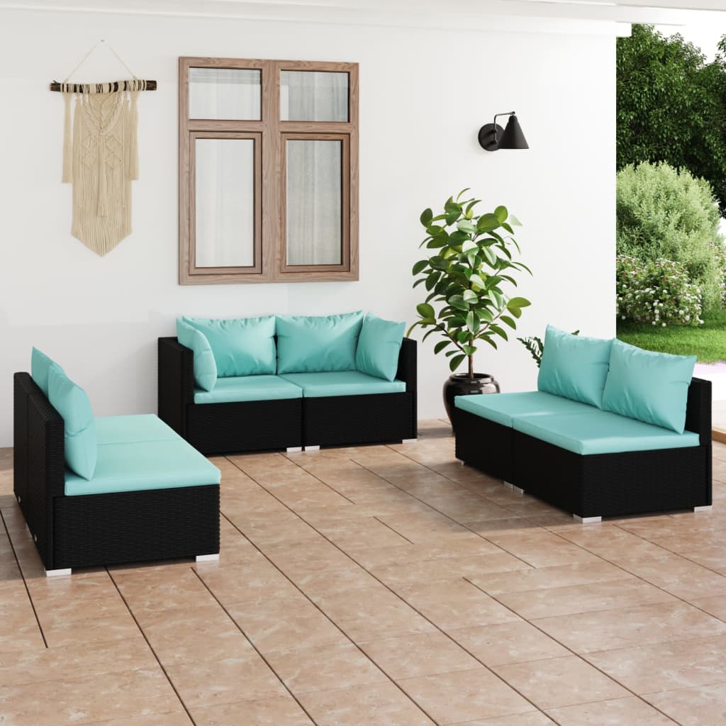 6 Piece Garden Lounge Set with Cushions Poly Rattan Black