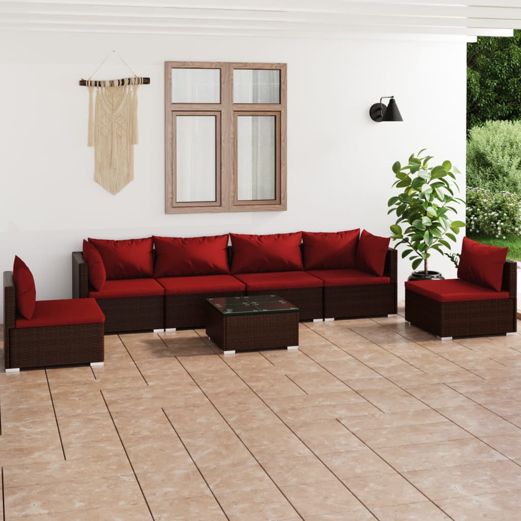 7 Piece Garden Lounge Set with Cushions Poly Rattan Brown