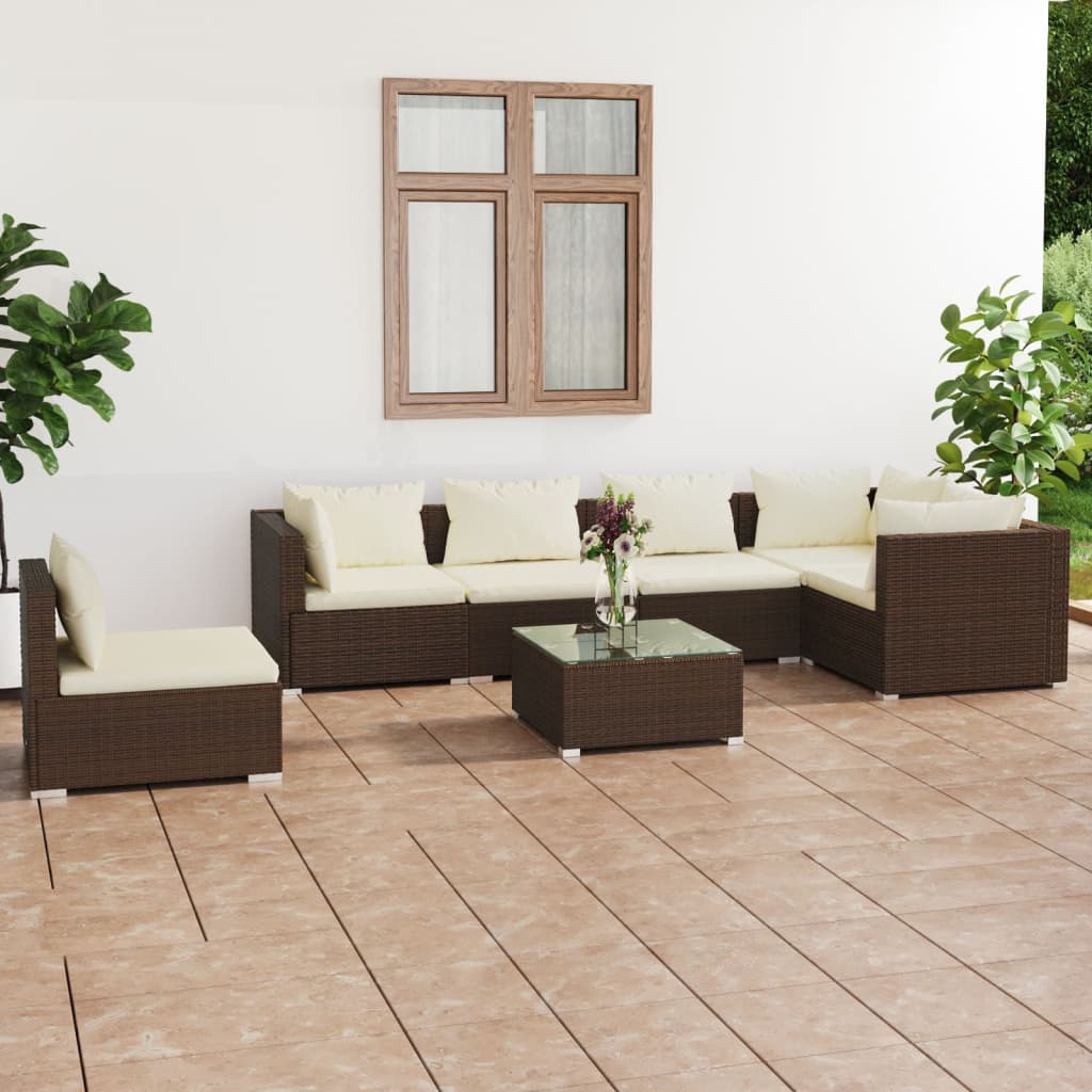 7 Piece Garden Lounge Set with Cushions Poly Rattan Brown