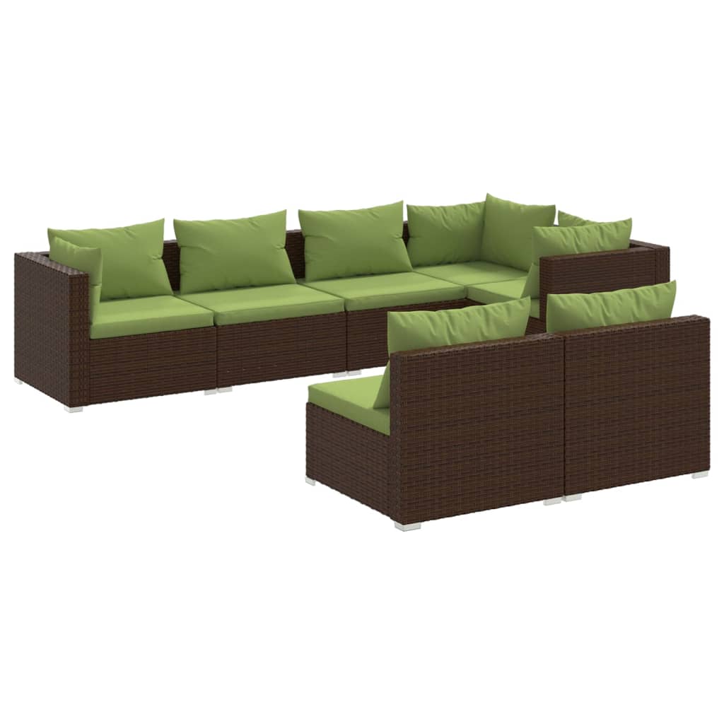 7 Piece Garden Lounge Set with Cushions Brown Poly Rattan