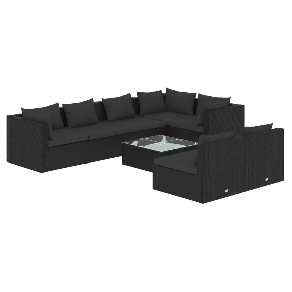 8 Piece Garden Lounge Set with Cushions Black Poly Rattan