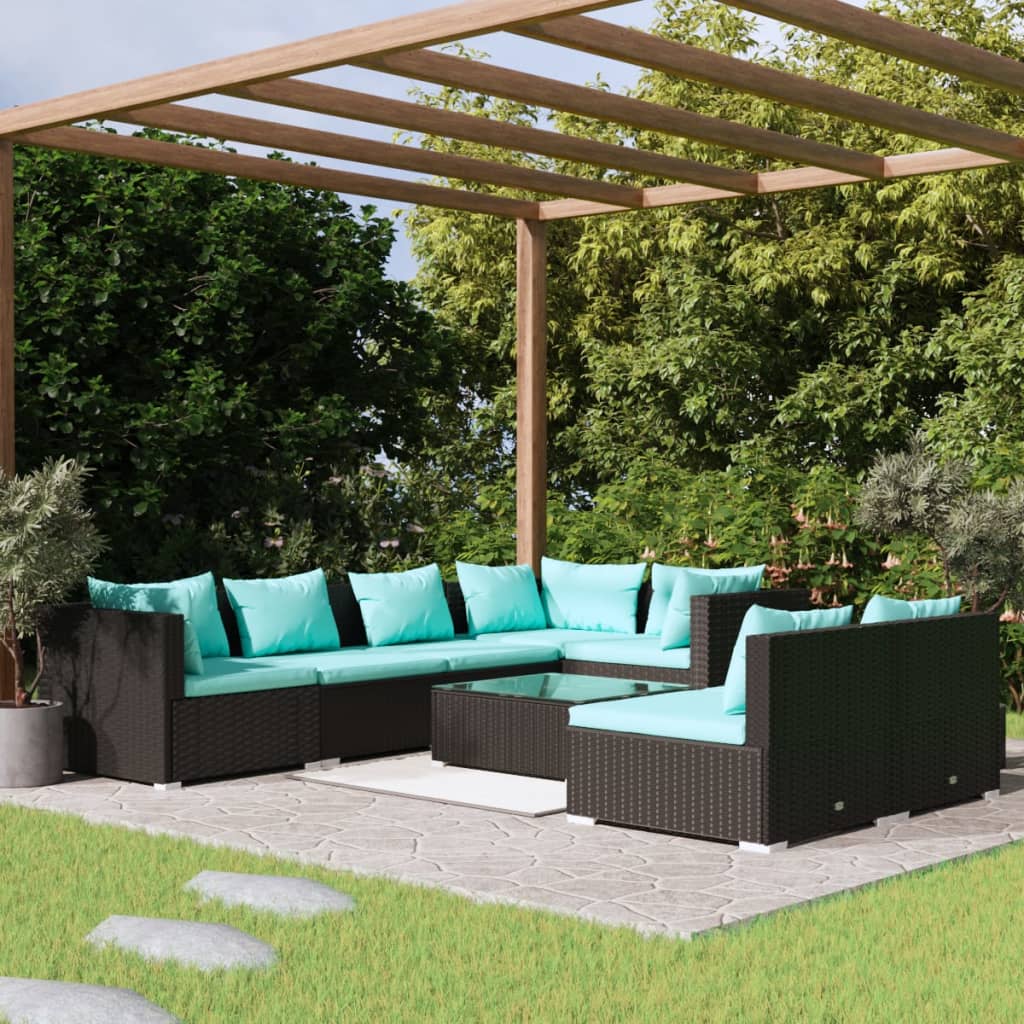 8 Piece Garden Lounge Set with Cushions Black Poly Rattan