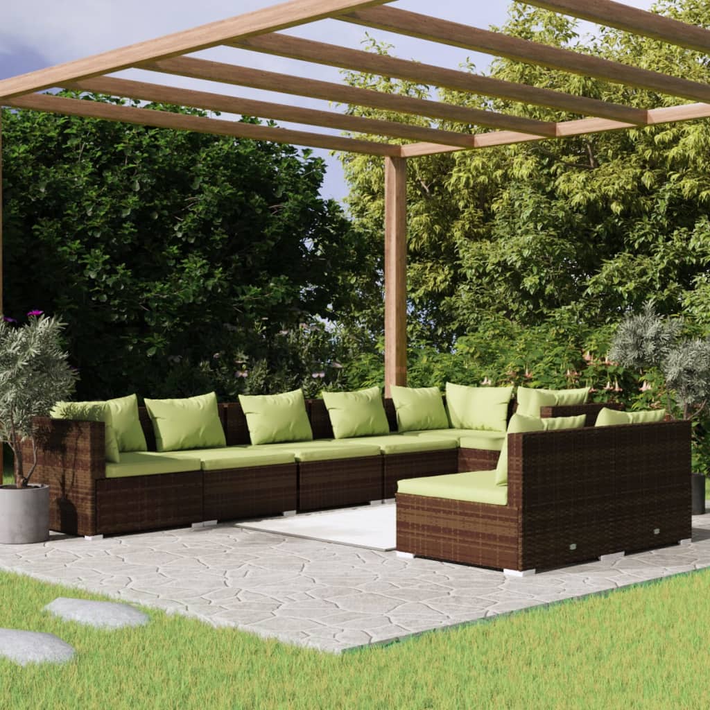 8 Piece Garden Lounge Set with Cushions Brown Poly Rattan