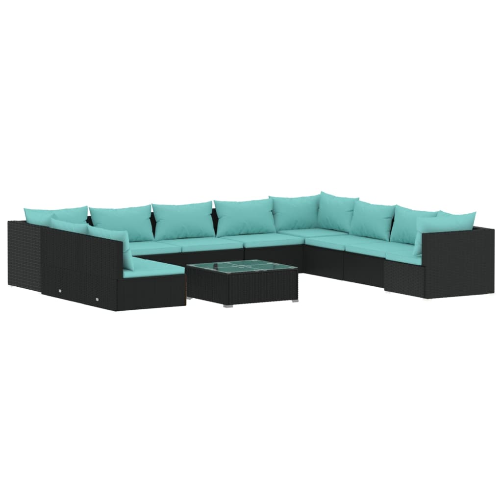 11 Piece Garden Lounge Set with Cushions Black Poly Rattan