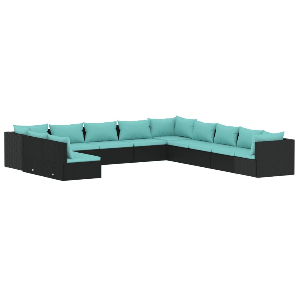 11 Piece Garden Lounge Set with Cushions Black Poly Rattan
