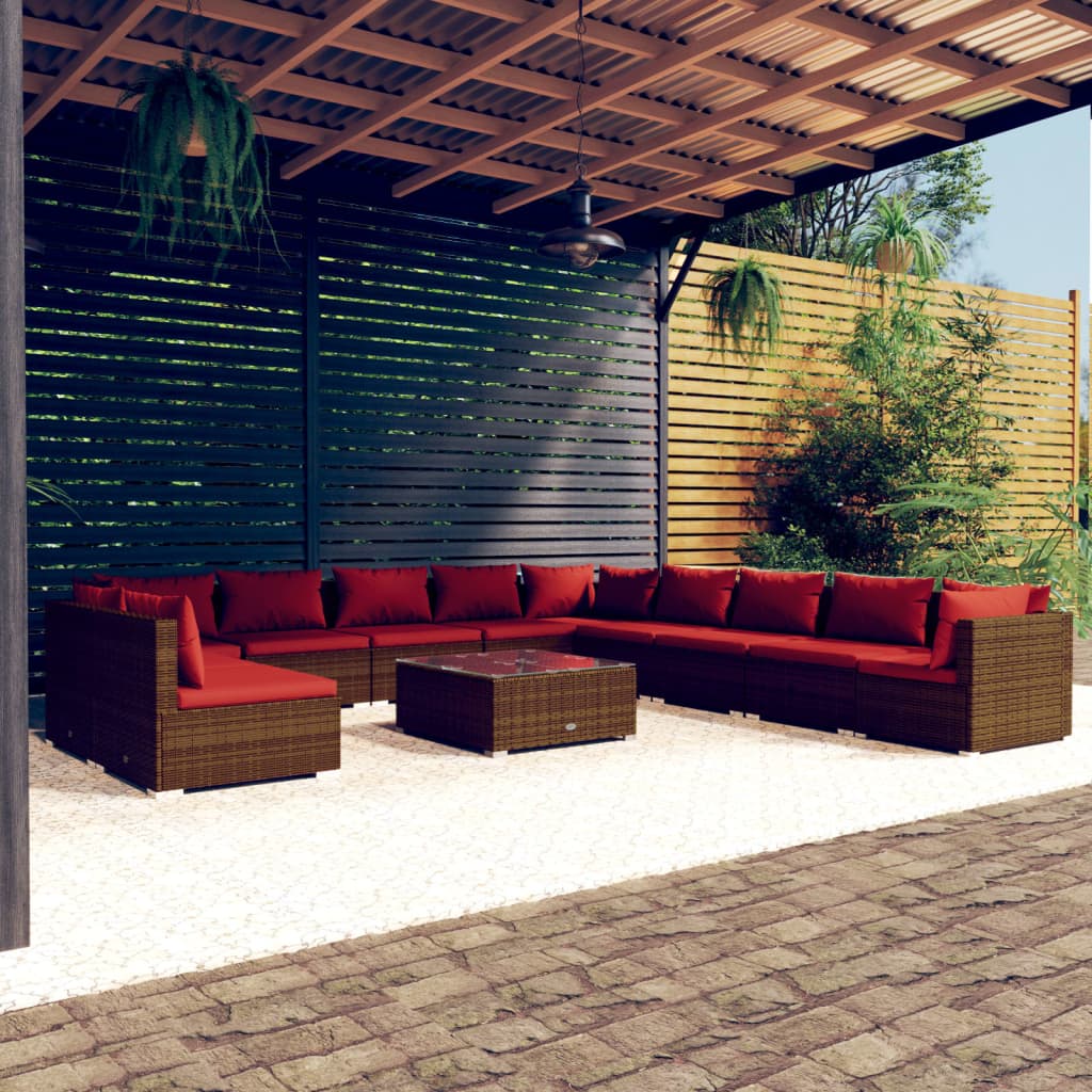 12 Piece Garden Lounge Set with Cushions Brown Poly Rattan