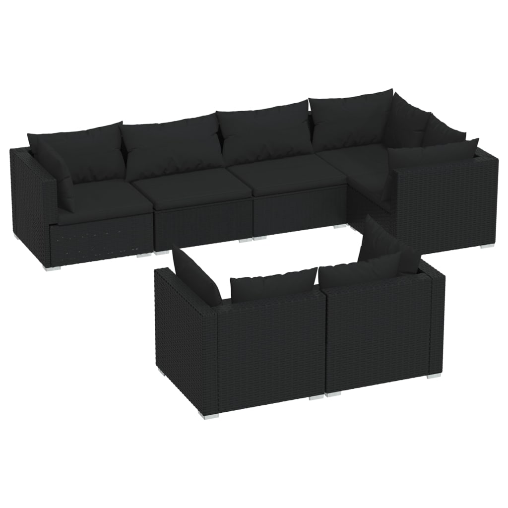 7 Piece Garden Lounge Set with Cushions Black Poly Rattan