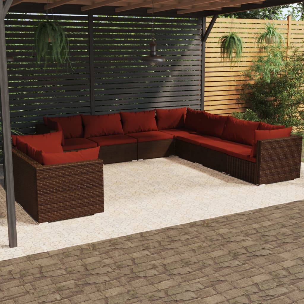 9 Piece Garden Lounge Set with Cushions Brown Poly Rattan