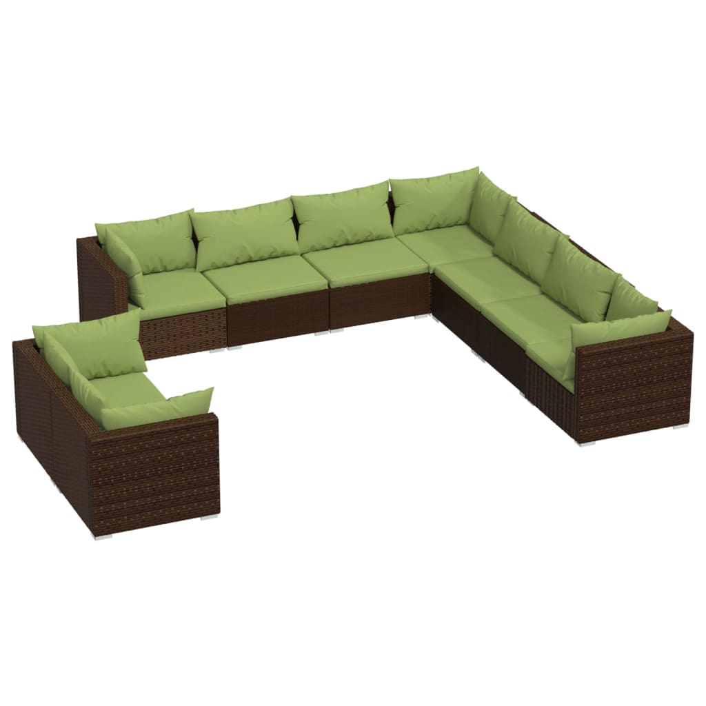 9 Piece Garden Lounge Set with Cushions Brown Poly Rattan