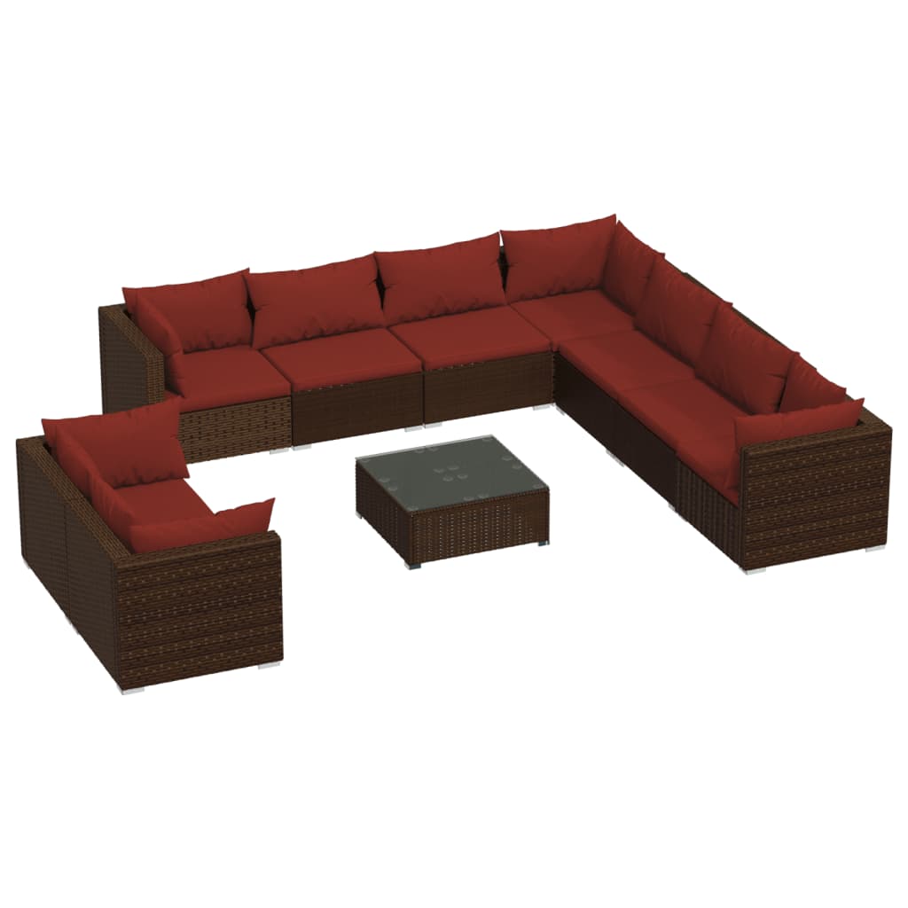 10 Piece Garden Lounge Set with Cushions Brown Poly Rattan