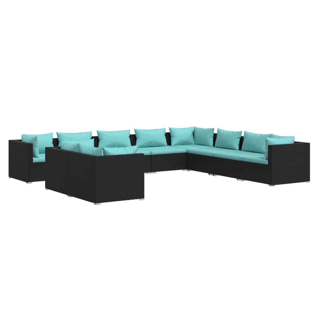 10 Piece Garden Lounge Set with Cushions Black Poly Rattan