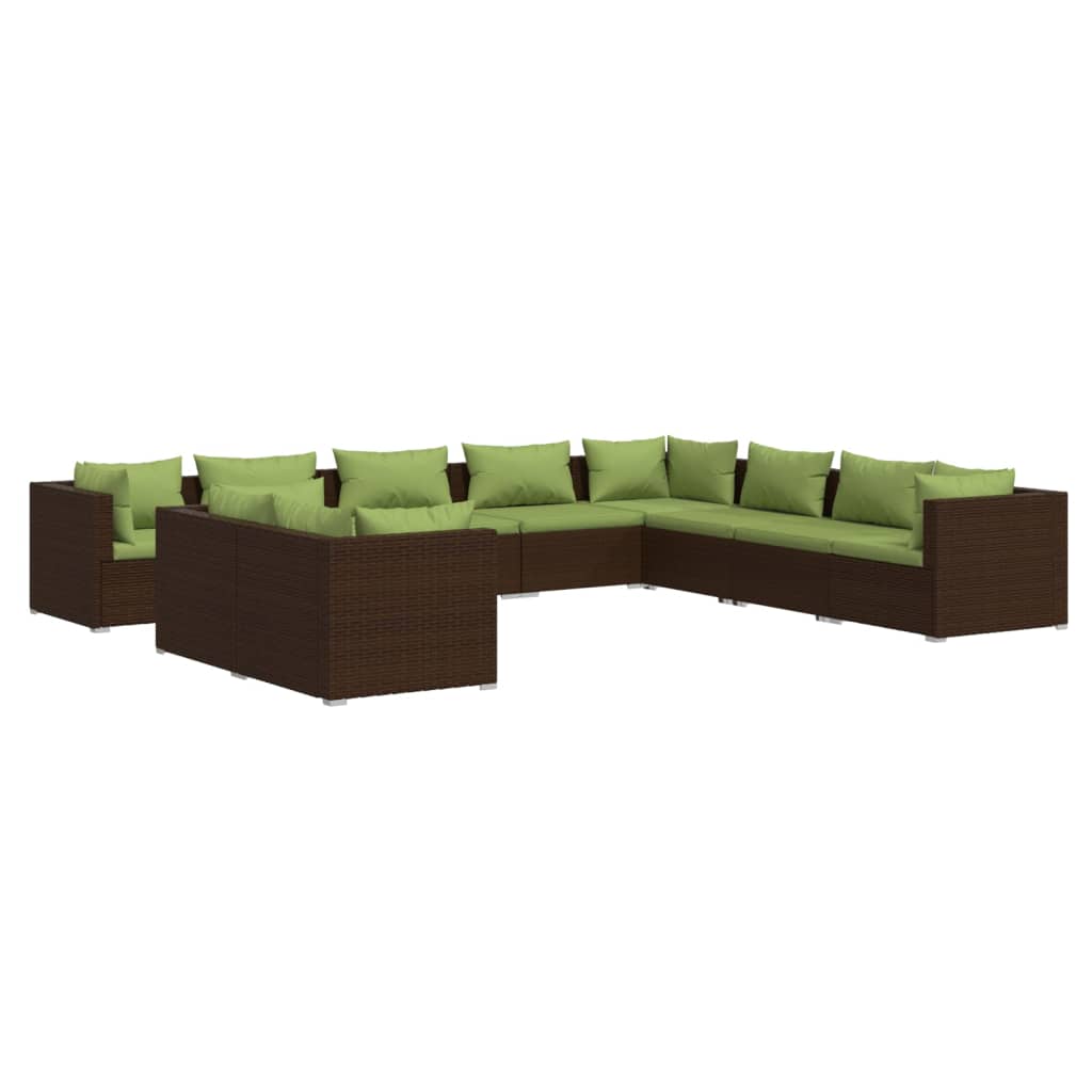 10 Piece Garden Lounge Set with Cushions Brown Poly Rattan