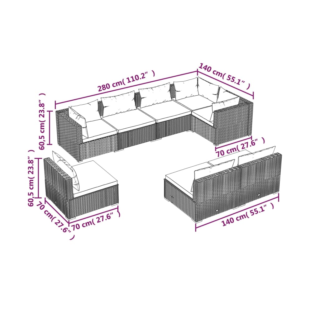 8 Piece Garden Lounge Set with Cushions Poly Rattan Brown