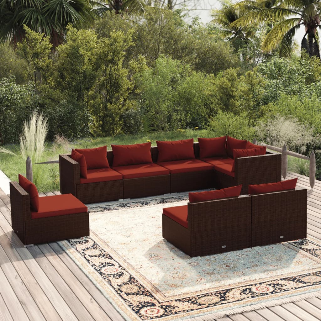 8 Piece Garden Lounge Set with Cushions Poly Rattan Brown