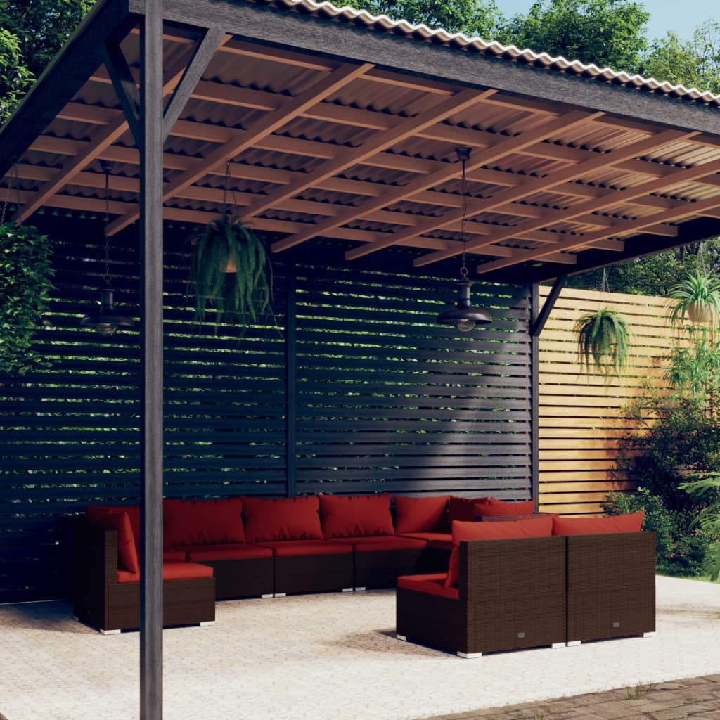 9 Piece Garden Lounge Set with Cushions Poly Rattan Brown