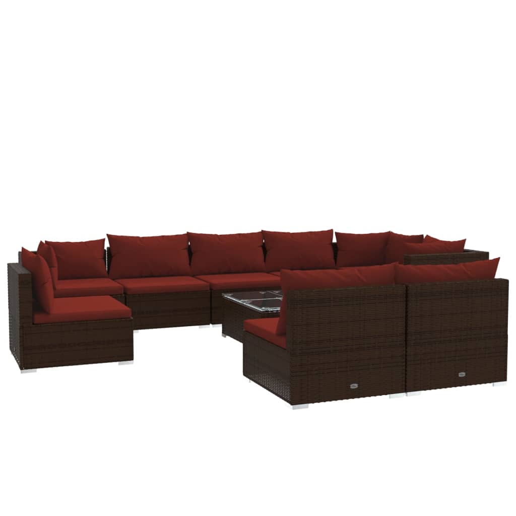 10 Piece Garden Lounge Set with Cushions Poly Rattan Brown