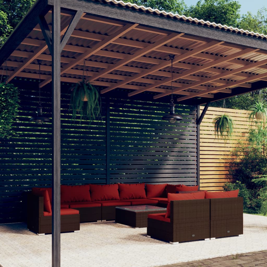 10 Piece Garden Lounge Set with Cushions Poly Rattan Brown