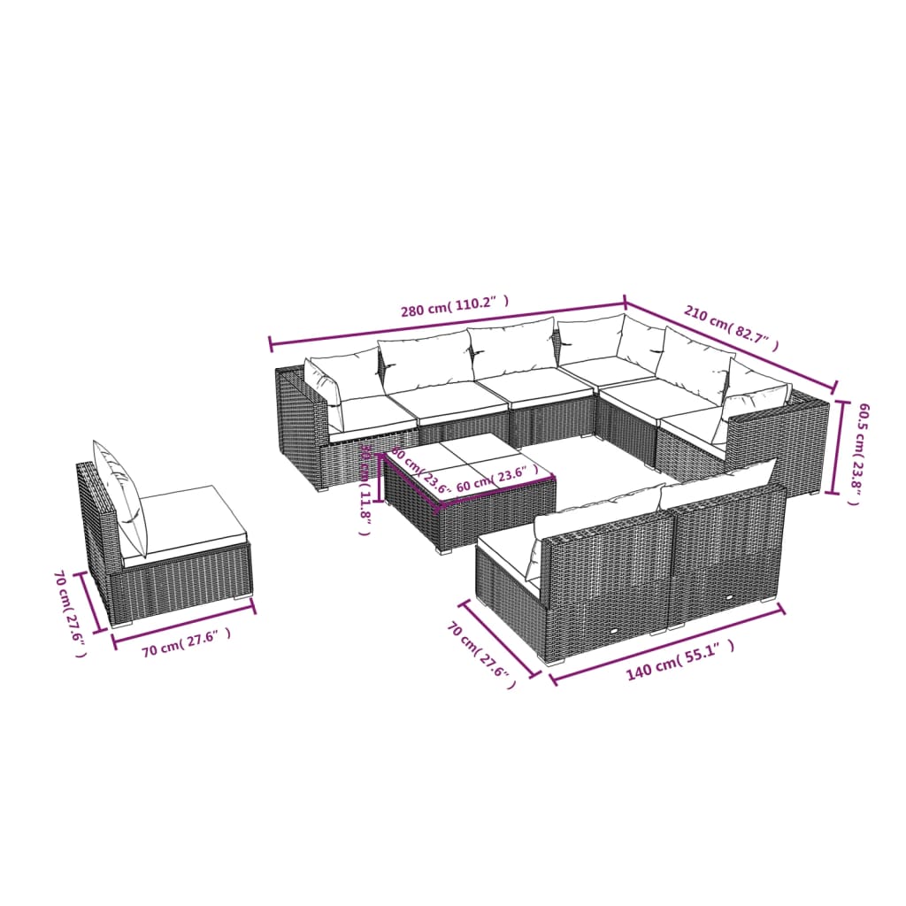 10 Piece Garden Lounge Set with Cushions Poly Rattan Grey