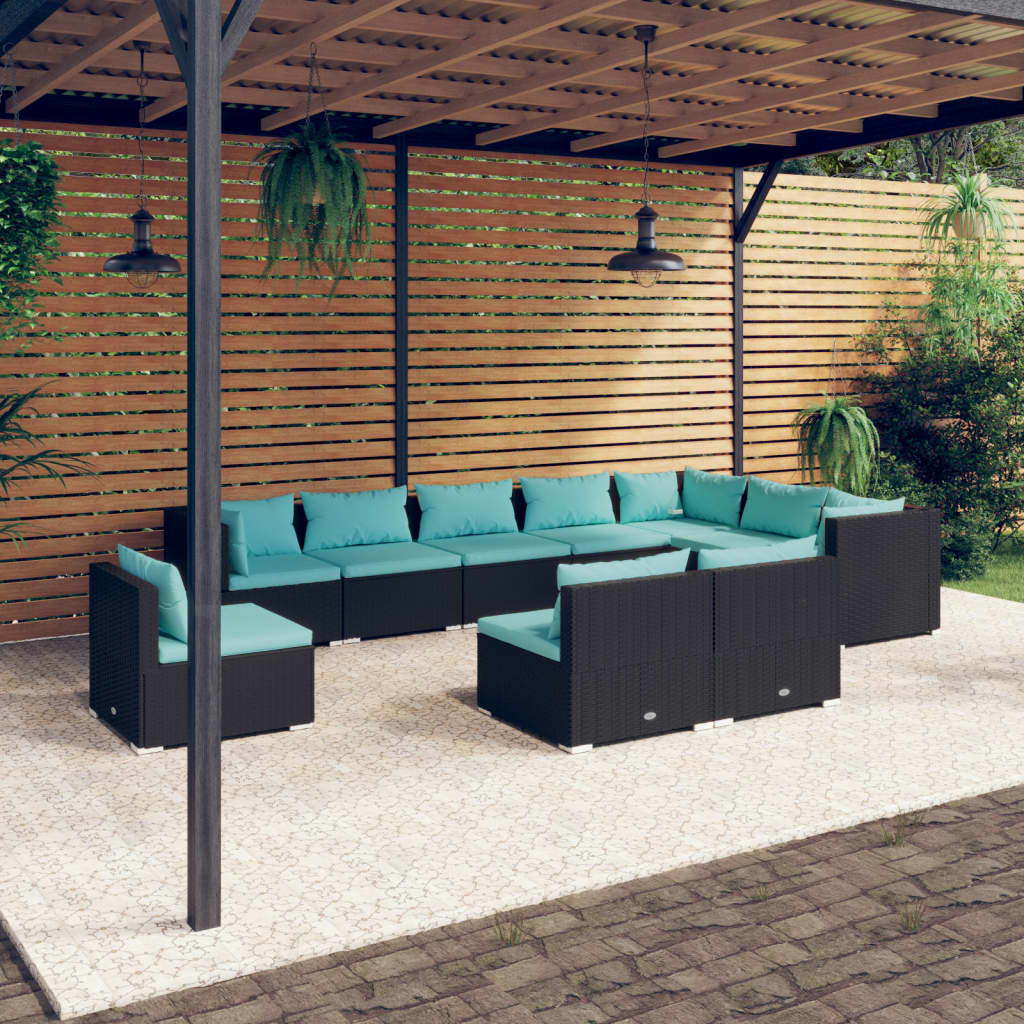 10 Piece Garden Lounge Set with Cushions Poly Rattan Black