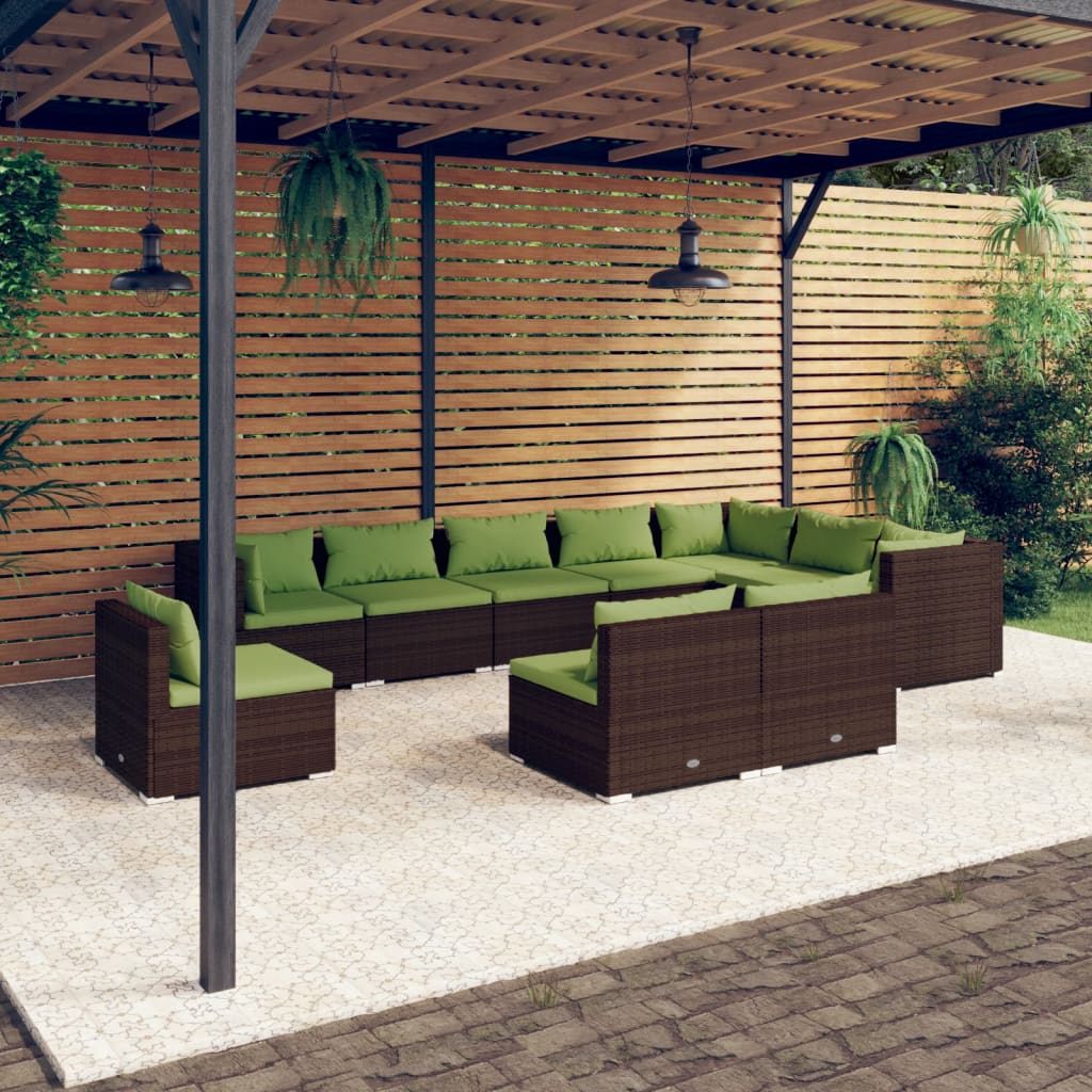 10 Piece Garden Lounge Set with Cushions Poly Rattan Brown