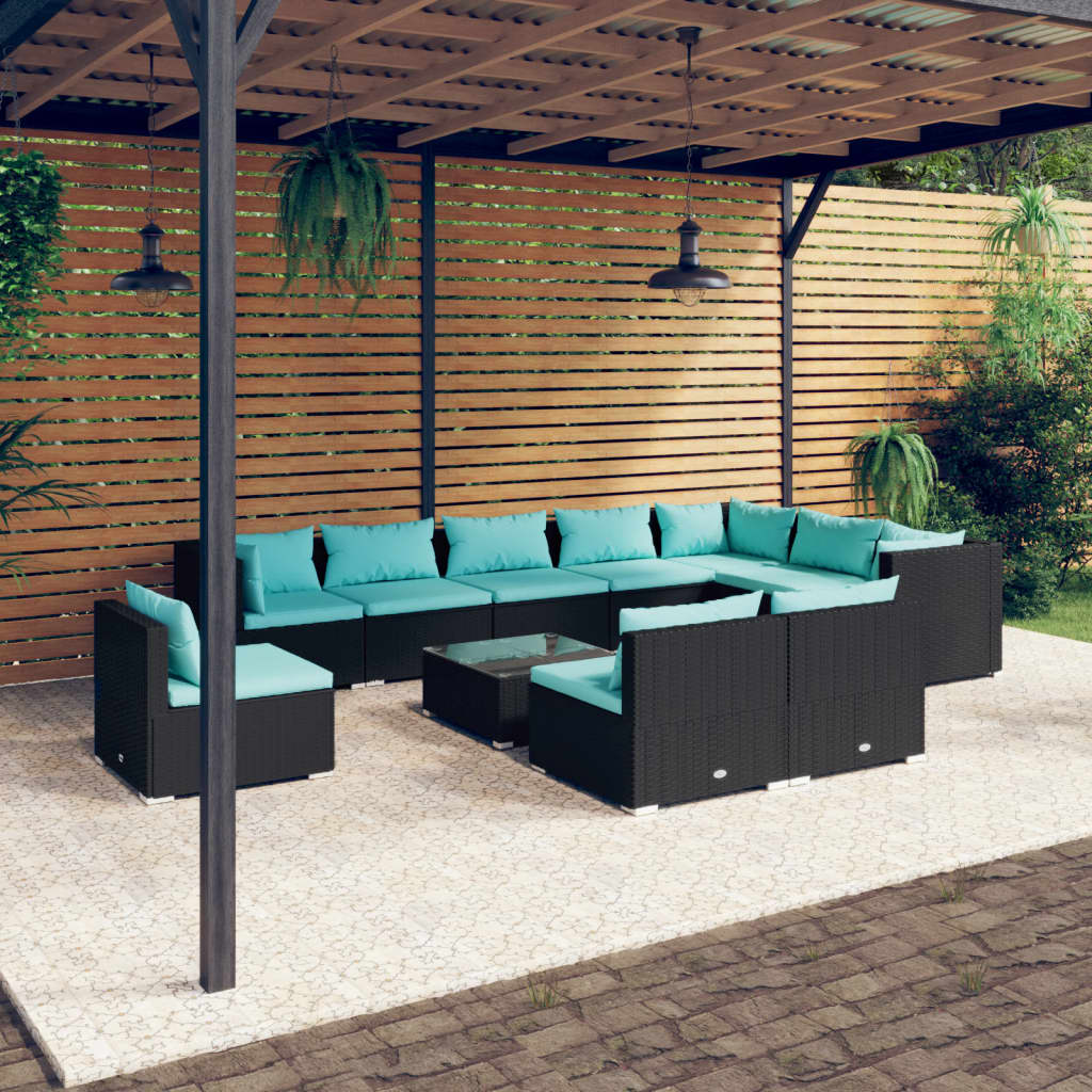 11 Piece Garden Lounge Set with Cushions Poly Rattan Black