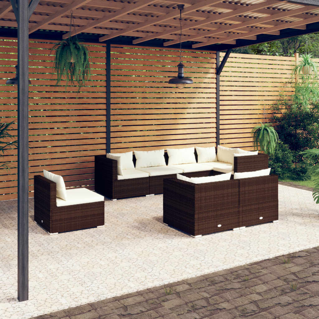 8 Piece Garden Lounge Set with Cushions Poly Rattan Brown