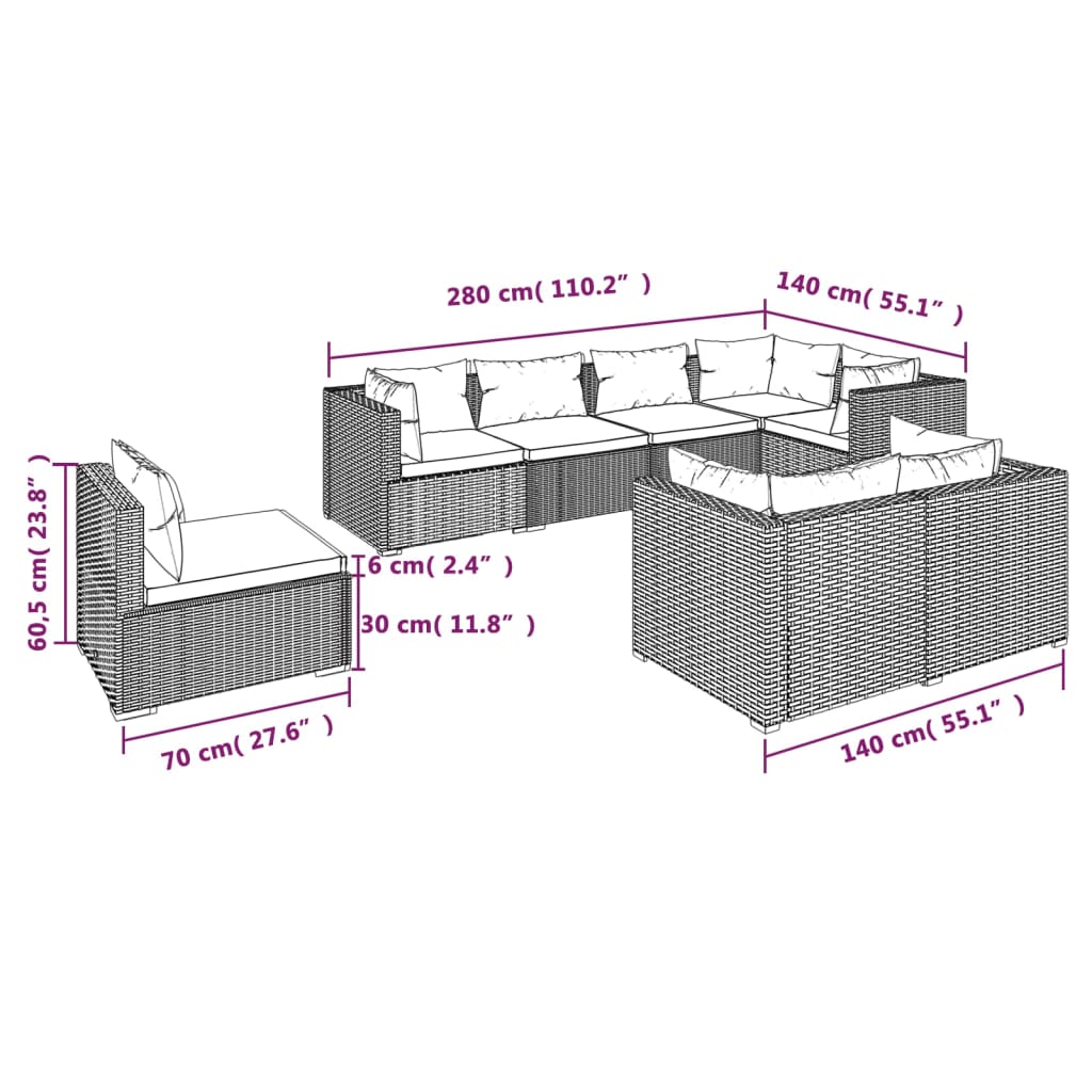 8 Piece Garden Lounge Set with Cushions Poly Rattan Brown