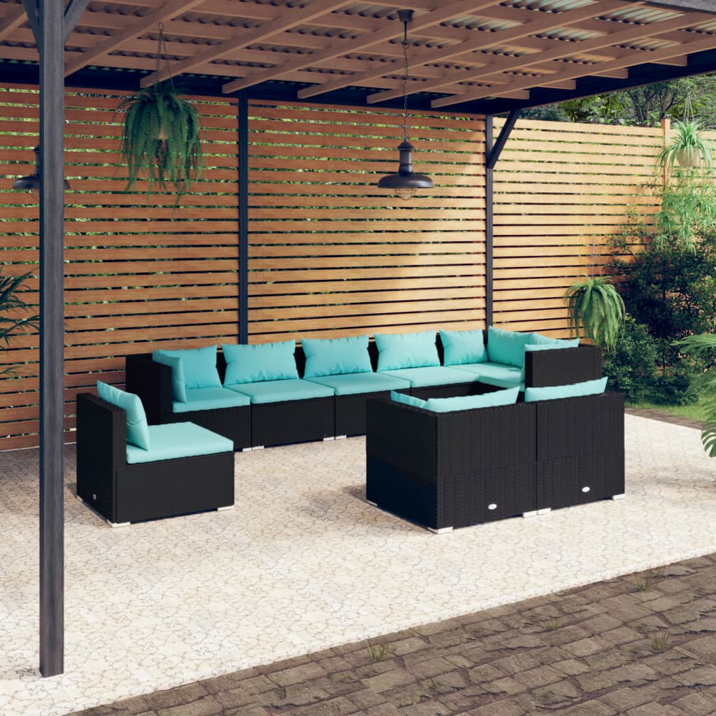 9 Piece Garden Lounge Set with Cushions Poly Rattan Black