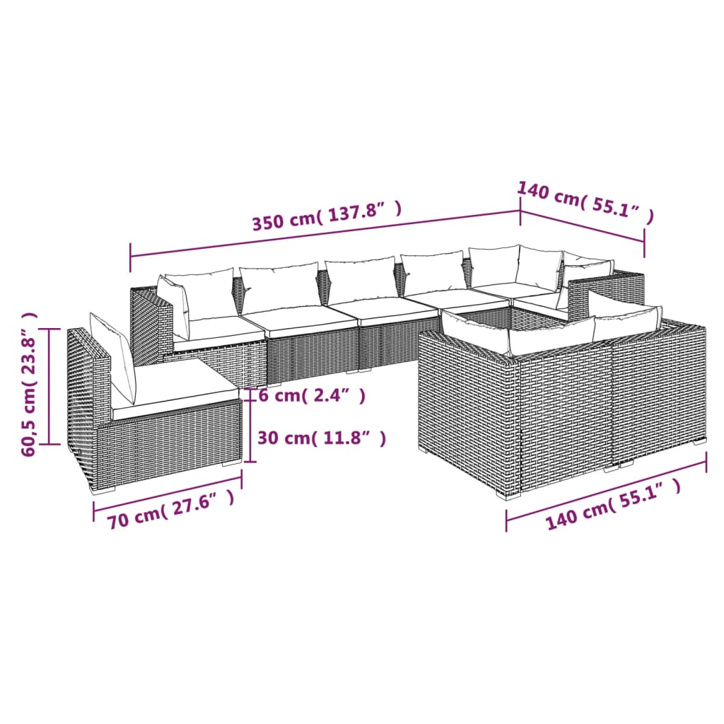 9 Piece Garden Lounge Set with Cushions Poly Rattan Brown