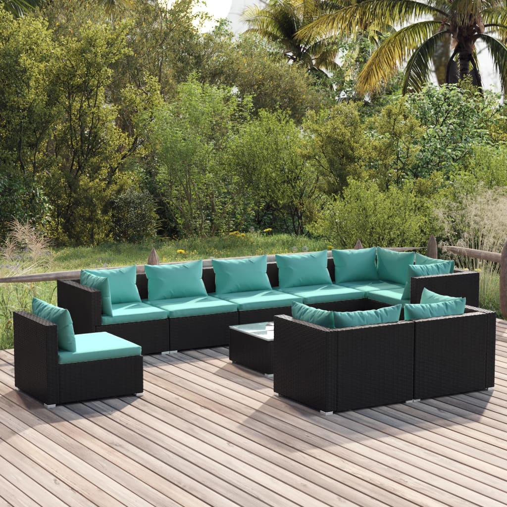 10 Piece Garden Lounge Set with Cushions Poly Rattan Black
