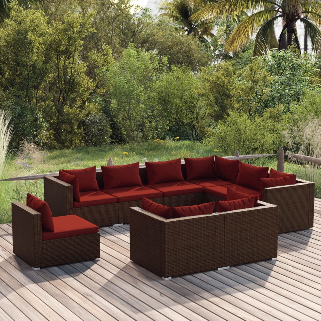 9 Piece Garden Lounge Set with Cushions Poly Rattan Brown