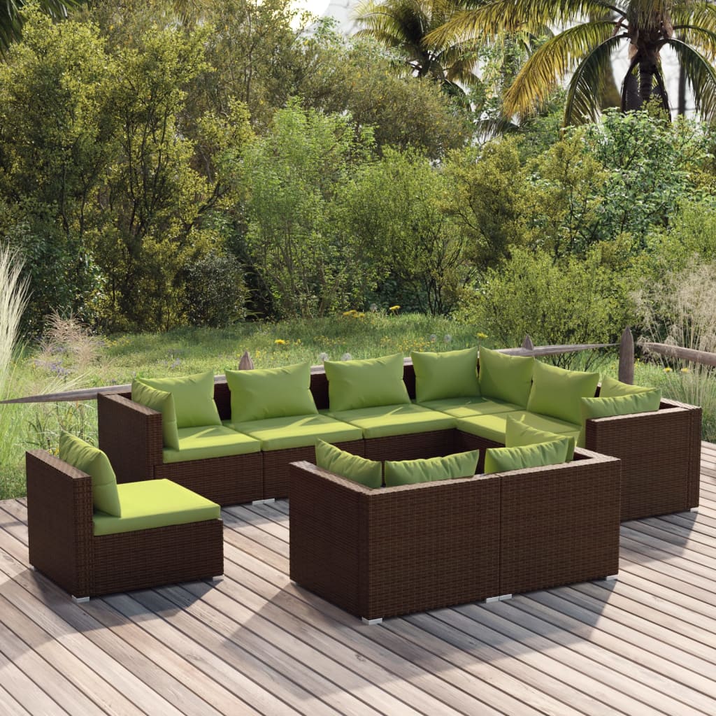 9 Piece Garden Lounge Set with Cushions Poly Rattan Brown