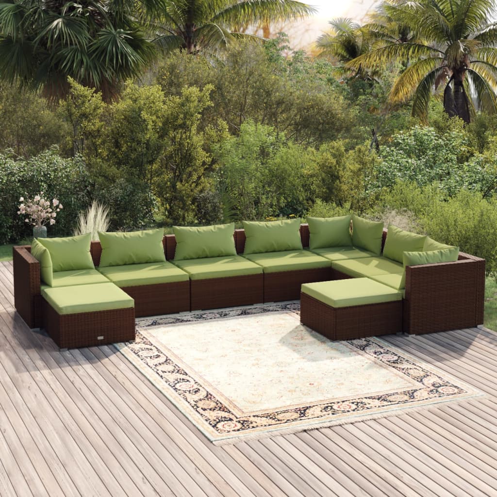 9 Piece Garden Lounge Set with Cushions Poly Rattan Brown