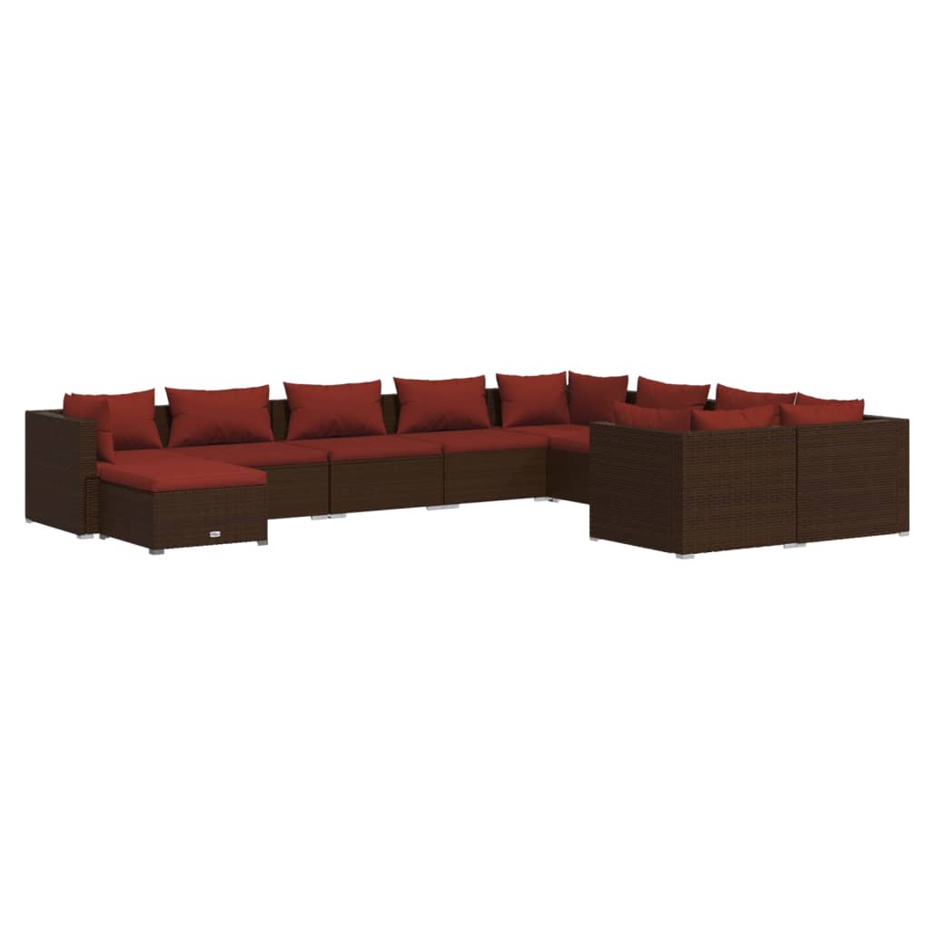 10 Piece Garden Lounge Set with Cushions Poly Rattan Brown