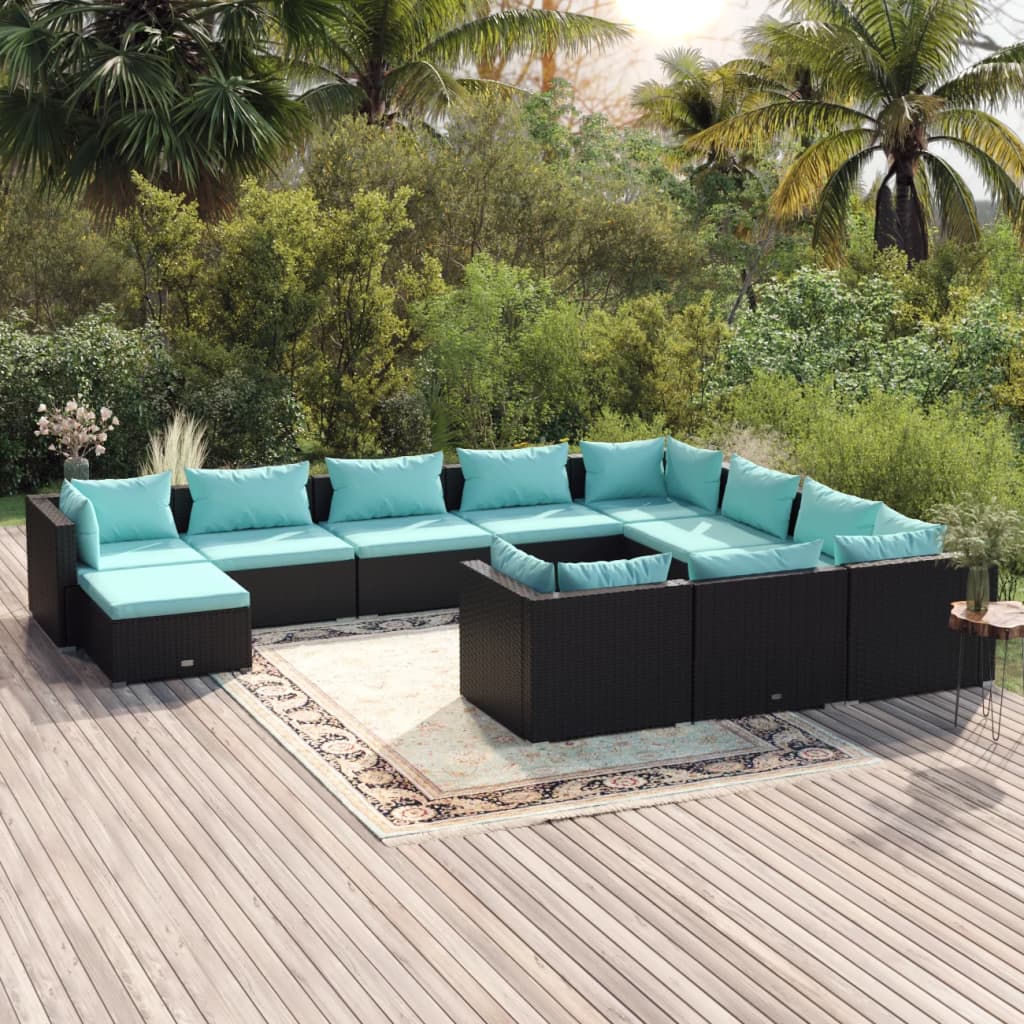 11 Piece Garden Lounge Set with Cushions Poly Rattan Black