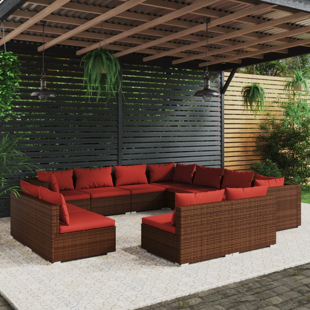 11 Piece Garden Lounge Set with Cushions Brown Poly Rattan