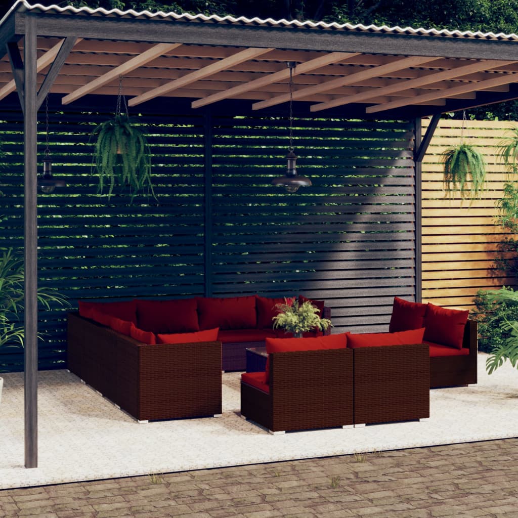 12 Piece Garden Lounge Set with Cushions Brown Poly Rattan